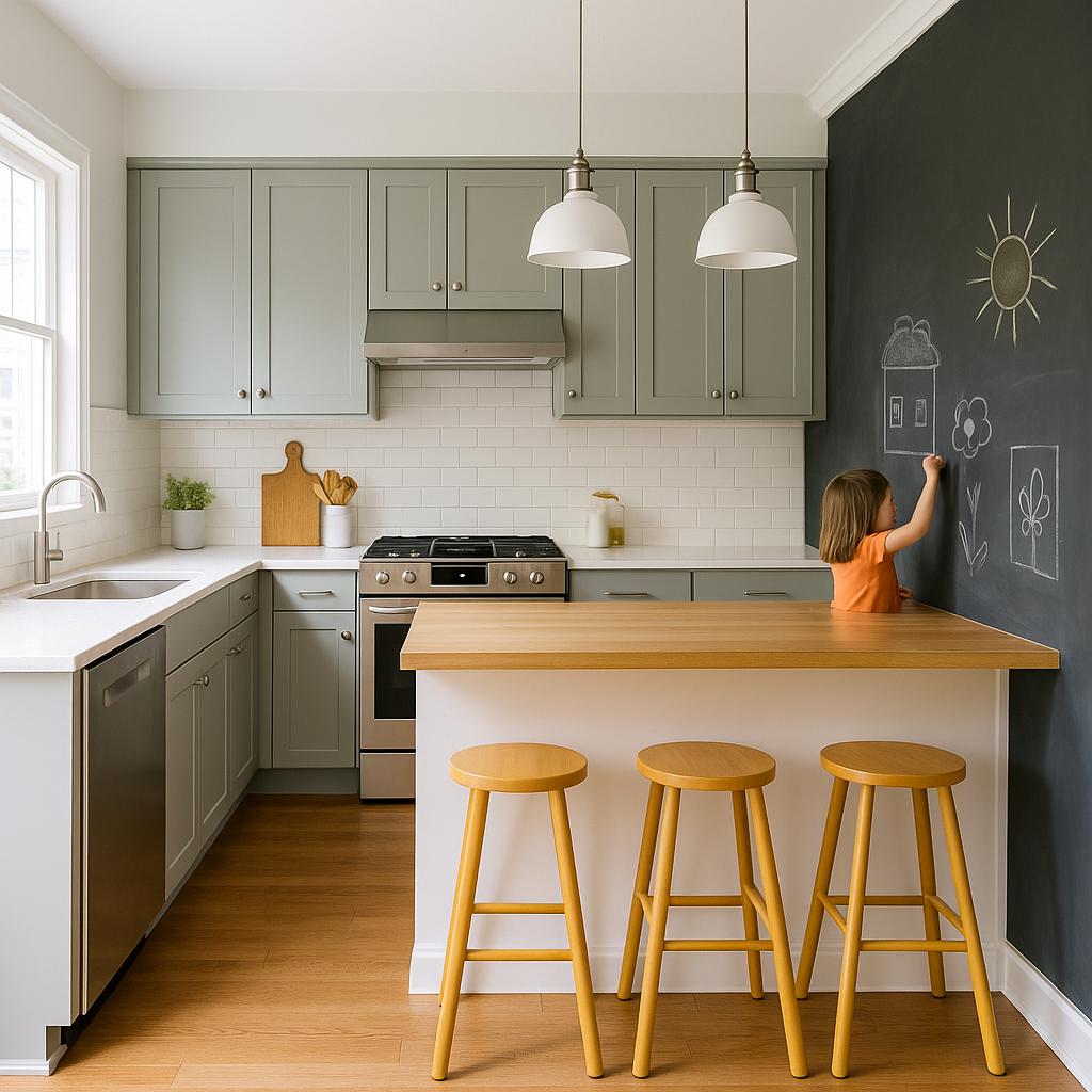 Kitchen with Breakfast Bar and Chalkboard Wall