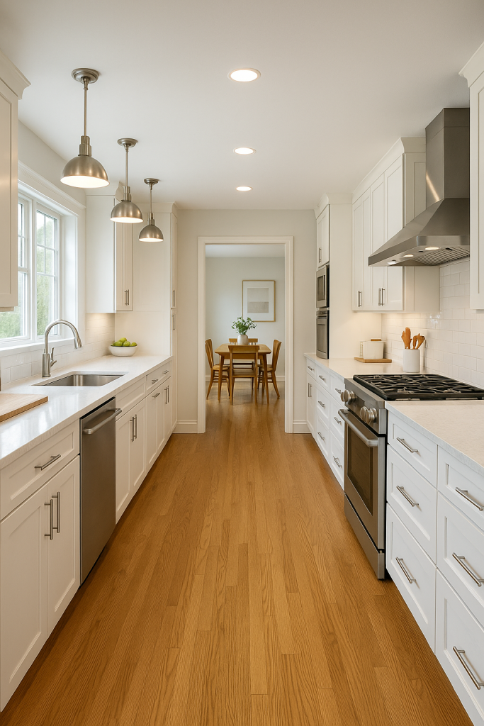 Long Galley Kitchen with Dual Workstations