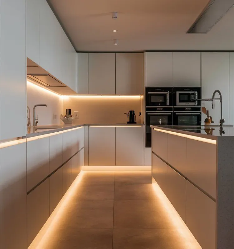 Toe-kick lighting: Creates a floating island effect at night