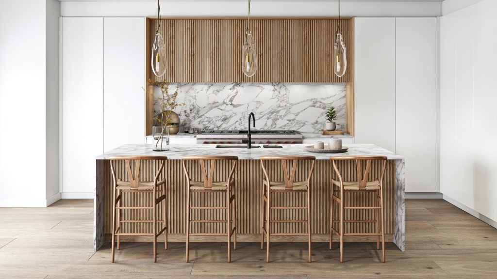 Statement cabinetry or textures (fluted wood, ribbed glass)
