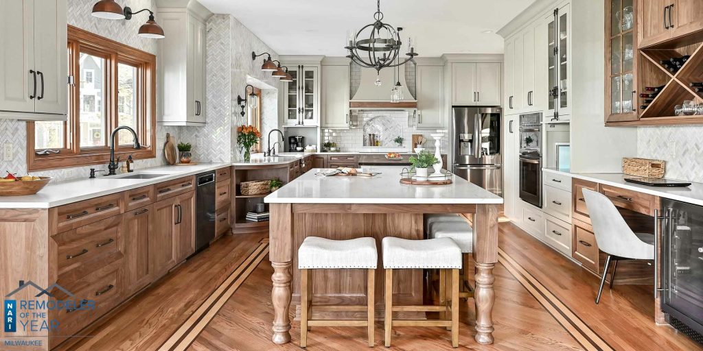 Warm walnut base with white quartz top