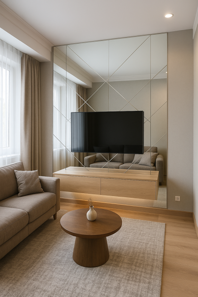 Mirror-Backed TV Wall