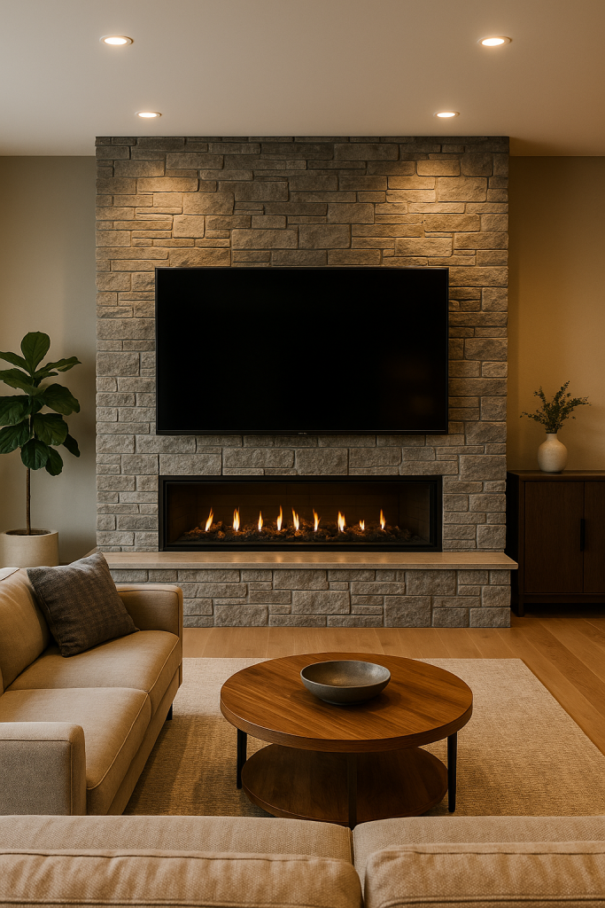 Stone Fireplace + TV Combo