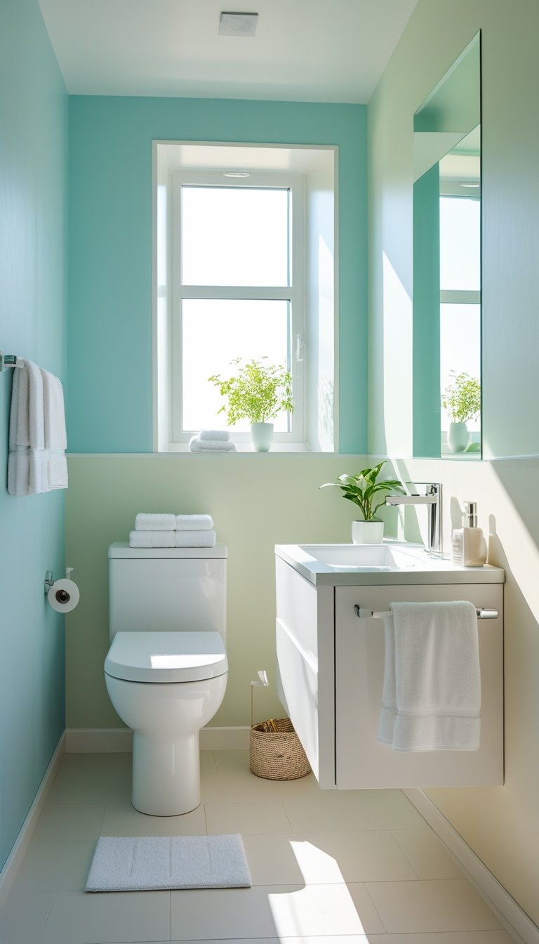 A small bathroom with light pastel-colored walls, a white vanity, a frameless mirror, and natural light coming through a window, making the space appear bright and spacious.