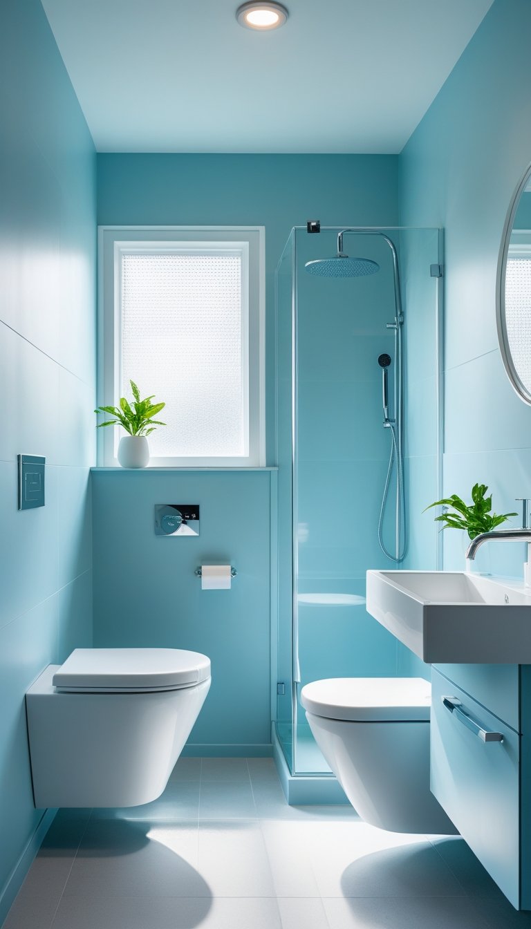 A small bathroom with pale blue walls, white fixtures, a glass shower, and natural light creating a spacious feel.