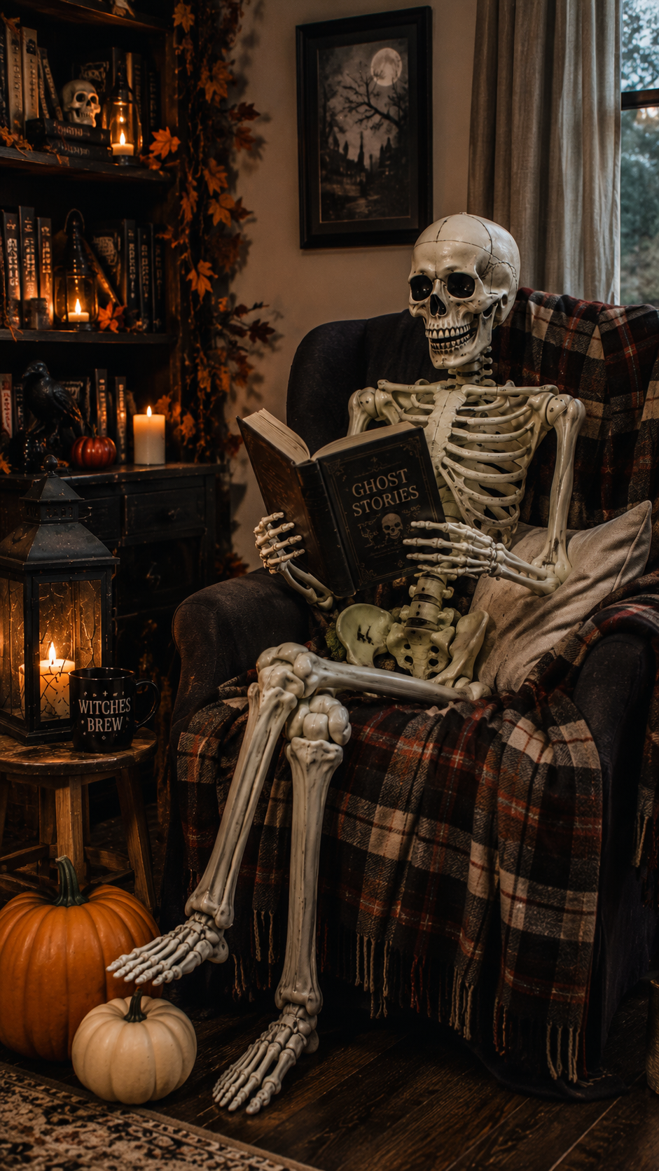 Plastic skeleton reading books in a cozy Halloween corner decorated with pumpkins and lanterns.