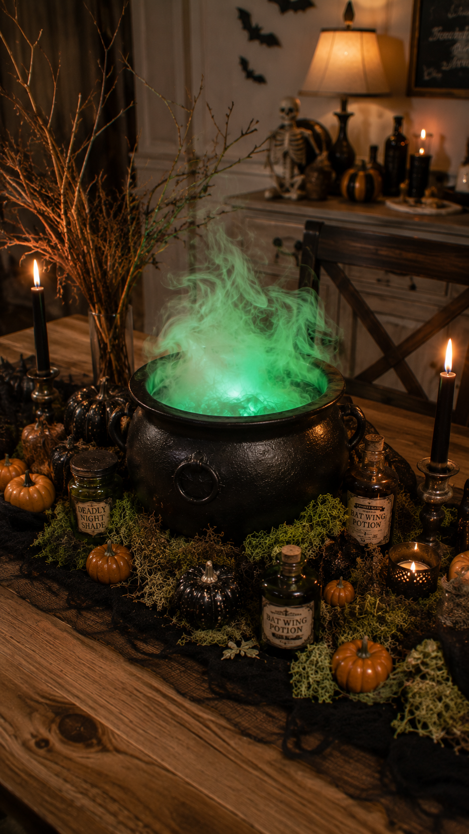 DIY foggy cauldron centerpiece with green lights and potion bottles for Halloween table decor.