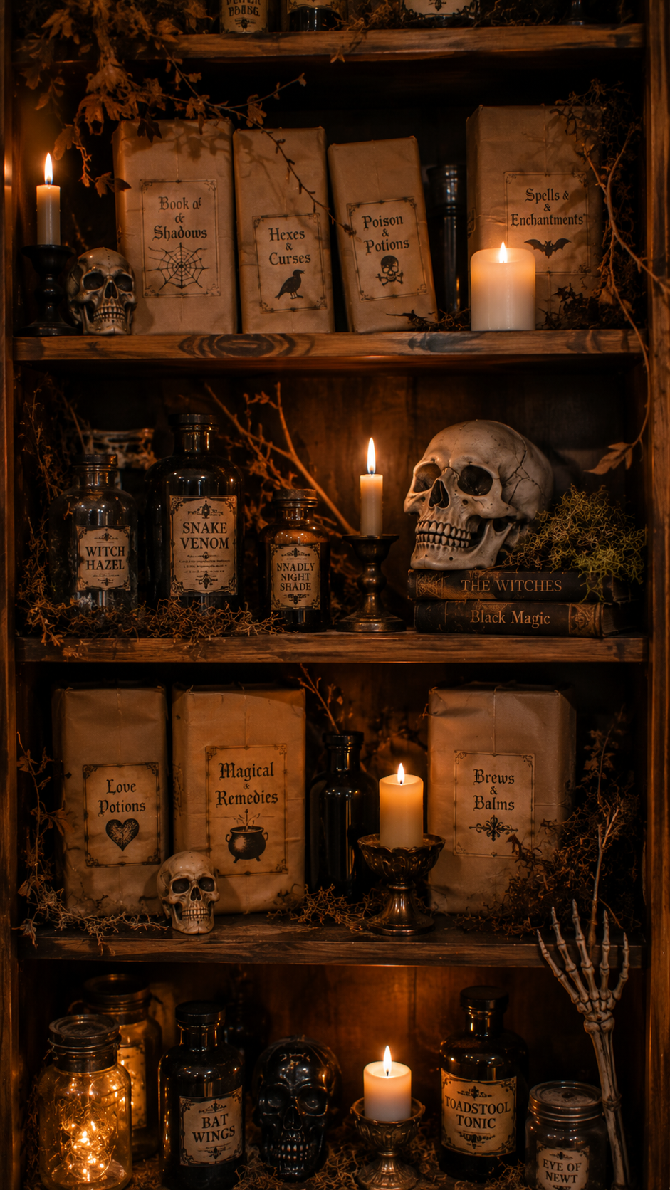 Haunted vintage bookshelf decorated with spell books, candles, potion bottles, and skull accents.