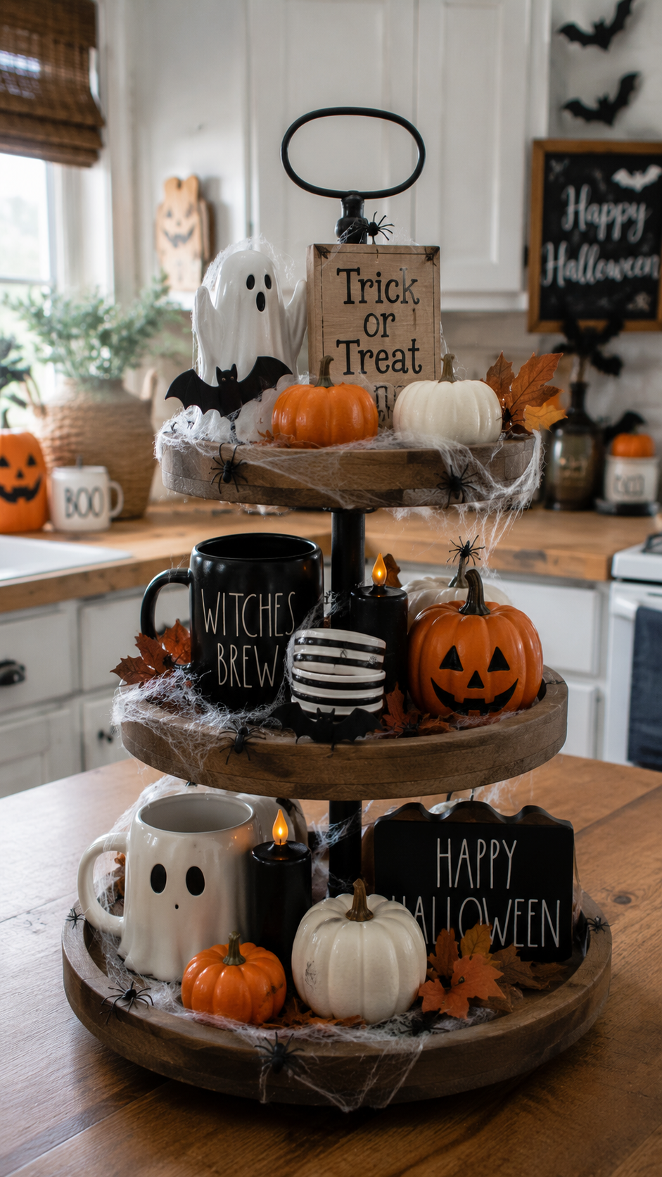 DIY Halloween tiered tray decorated with mini pumpkins, ghost figurines, candles, and autumn leaves.