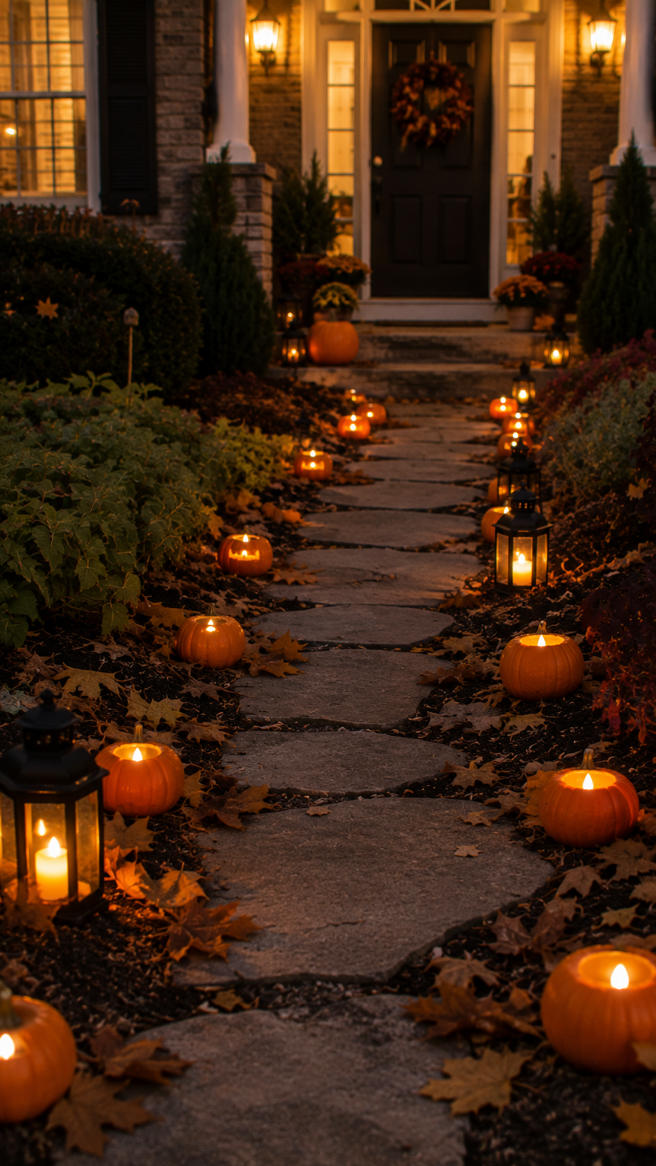 Pumpkin-lit pathway with LED candles and lanterns leading to a beautifully decorated Halloween entrance.