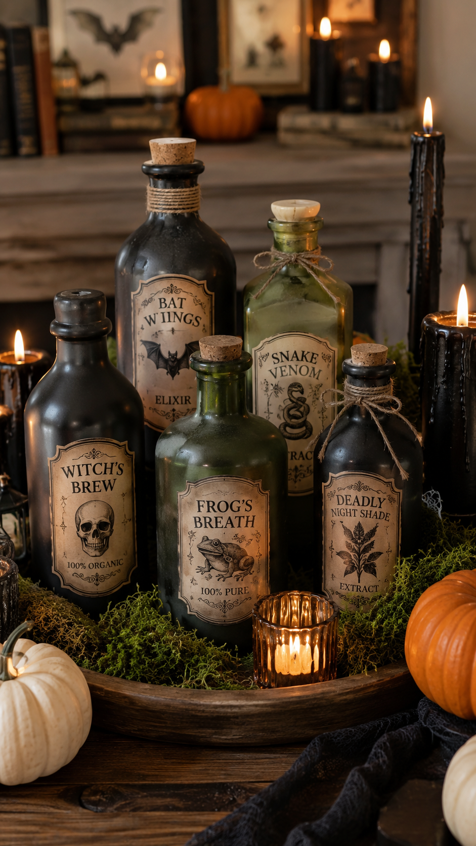 DIY Halloween potion bottles displayed with candles, moss, and pumpkins on a wooden tray.