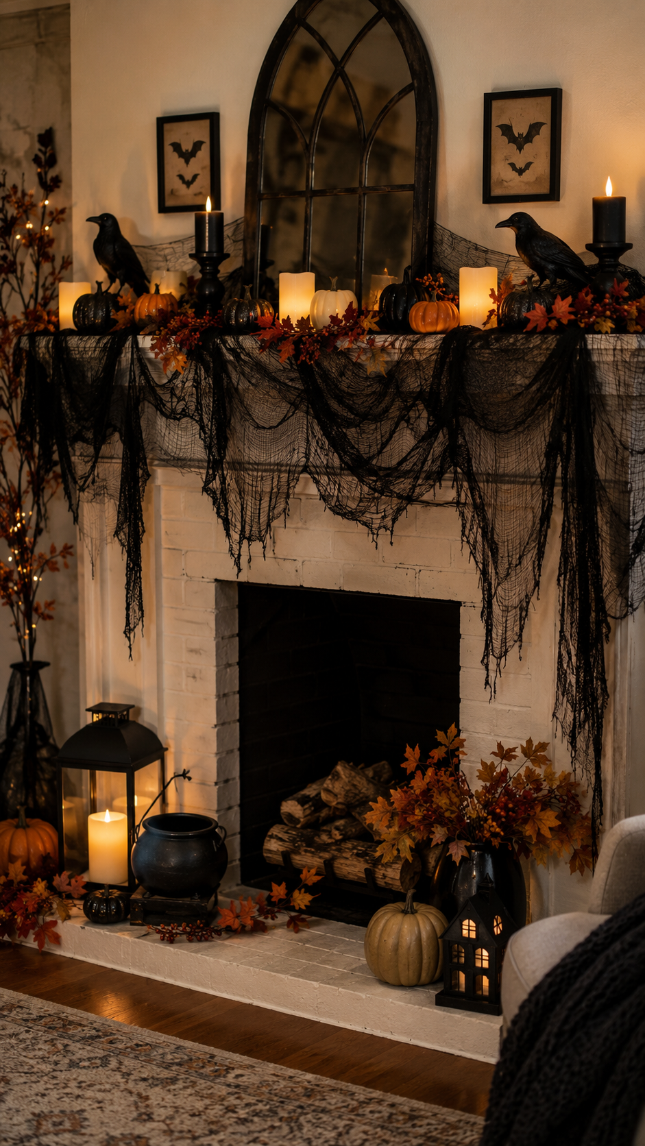 Haunted fireplace mantel decorated with pumpkins, candles, ravens, and black cheesecloth.
