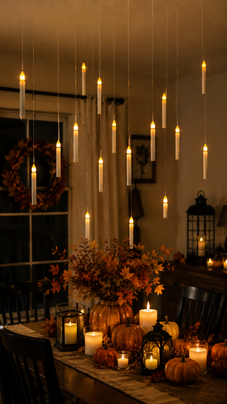 Floating LED candles hanging from the ceiling for magical DIY Halloween home decorations.
