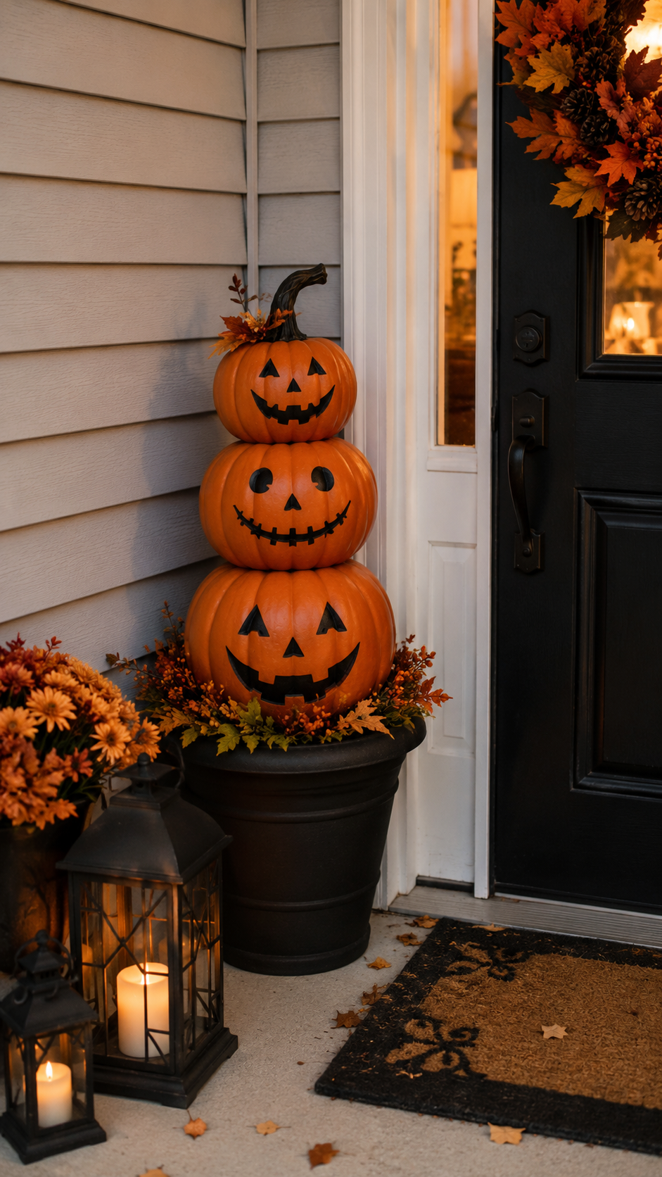 DIY pumpkin topiary tower decorating a front porch with lanterns and autumn flowers.