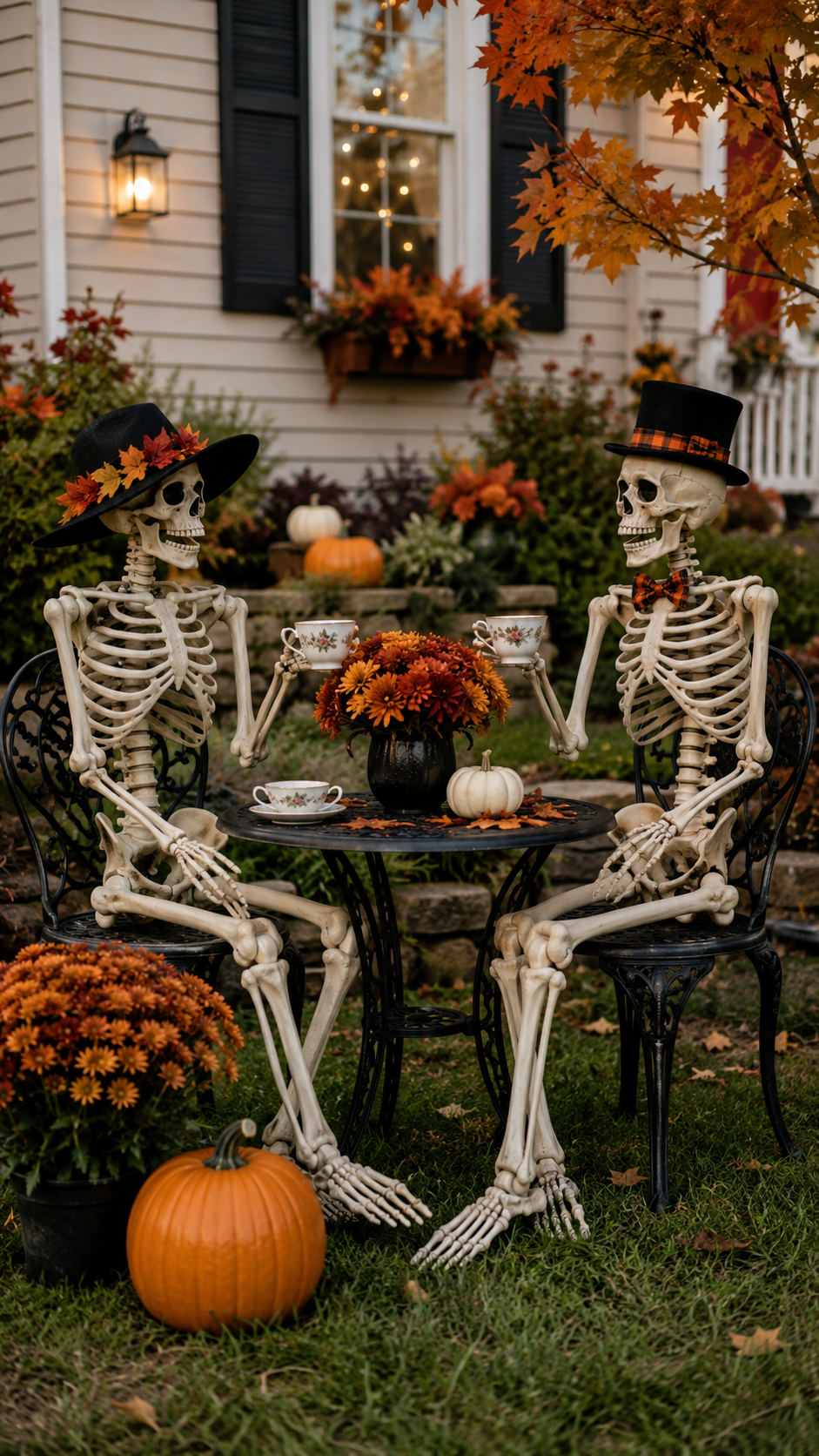 Funny skeleton garden party with pumpkins and autumn decorations for outdoor Halloween decor.