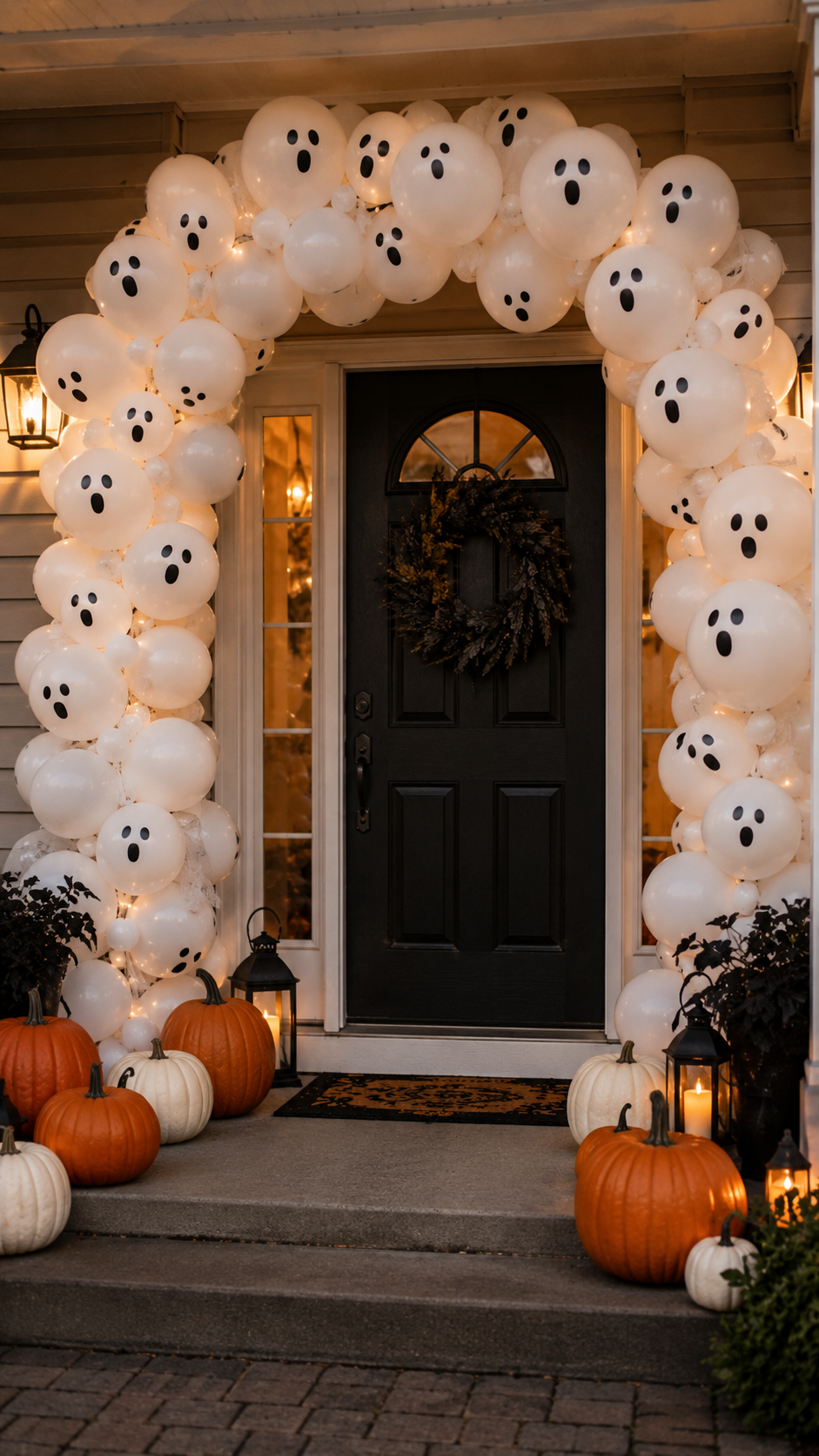 DIY ghost balloon arch decorating a front door for a Halloween party entrance.