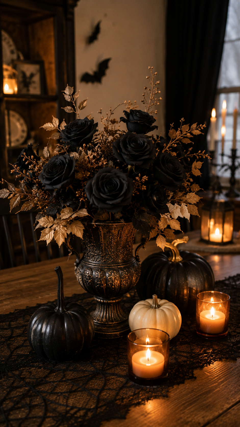 Black rose Halloween bouquet arranged with candles and pumpkins for elegant seasonal decor.