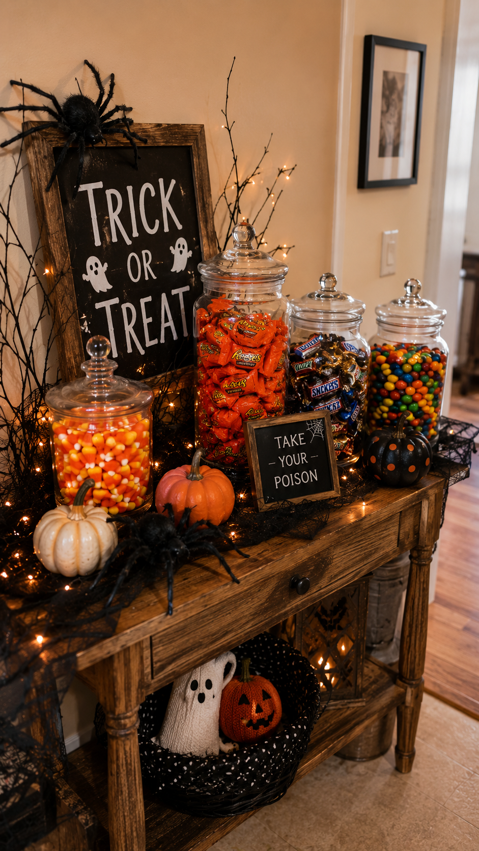DIY Halloween door basket filled with black flowers, pumpkins, and autumn leaves on a front door.
