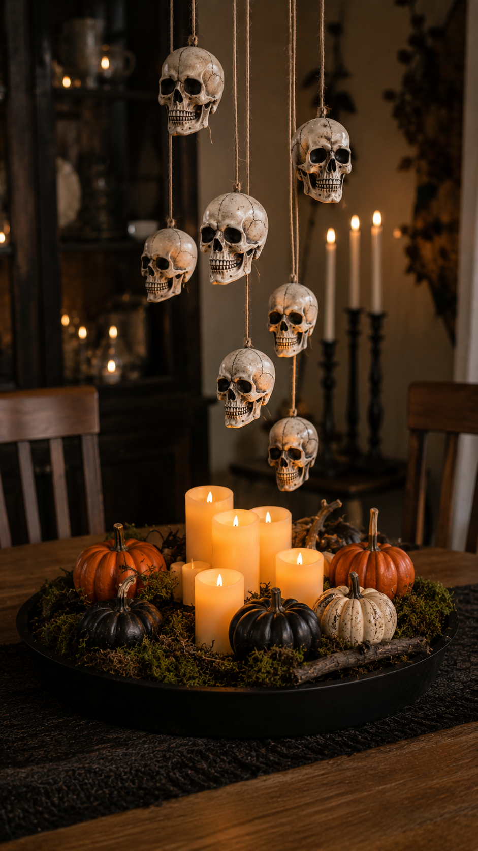 Floating skull centerpiece with candles, moss, and mini pumpkins for Halloween table decoration.