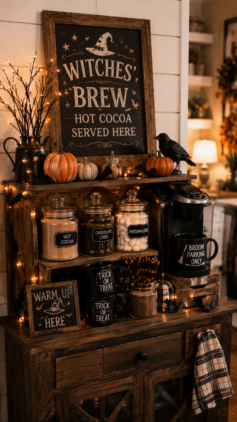 Cozy Halloween hot cocoa bar decorated with pumpkins, mugs, fairy lights, and seasonal signs.