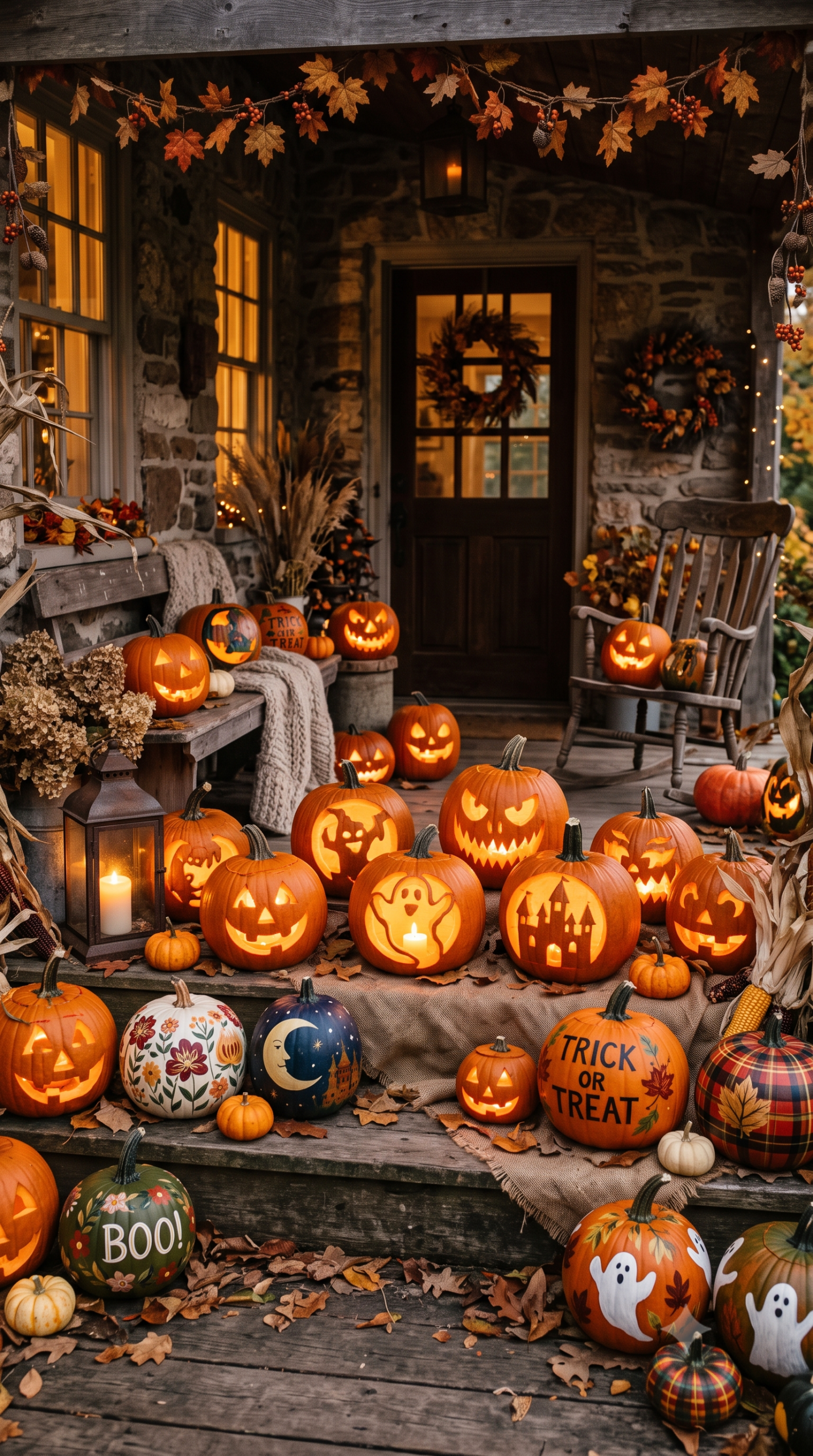 Glowing jack-o'-lanterns decorating front porch steps with lanterns and autumn leaves for Halloween.