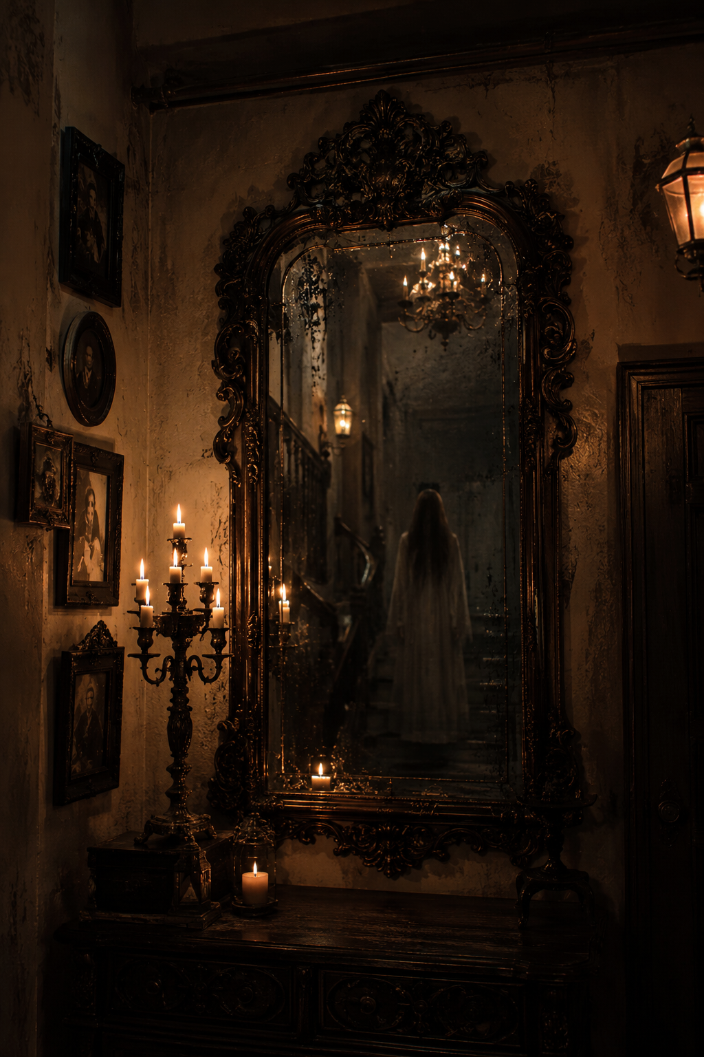 Haunted mirror Halloween decoration with candles creating a spooky hallway display at home.