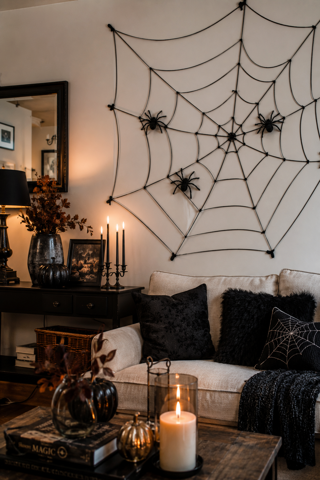 DIY black yarn spider web wall art with fake spiders for easy indoor Halloween decorations.
