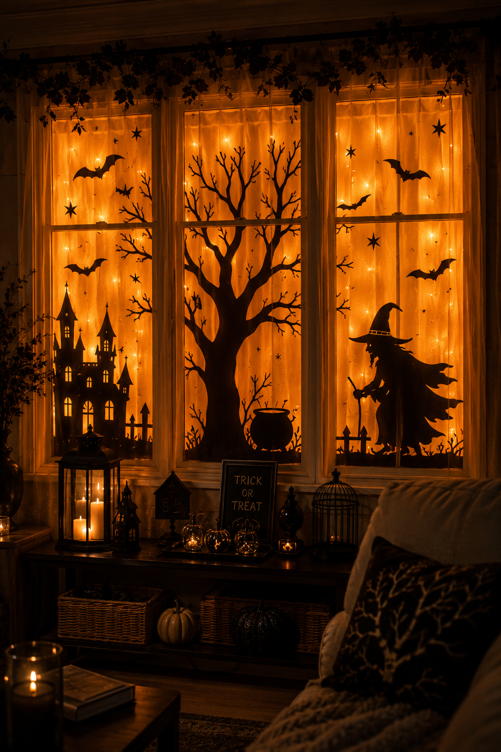 Halloween window silhouettes featuring witches and bats glowing through a cozy home window.